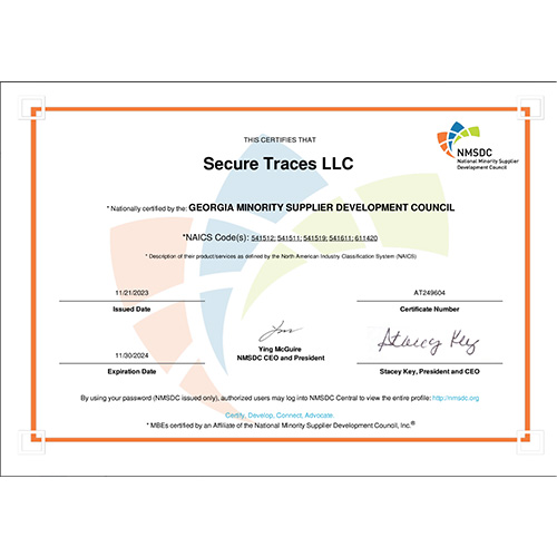 NMSDC Certified certification held by Secure Traces