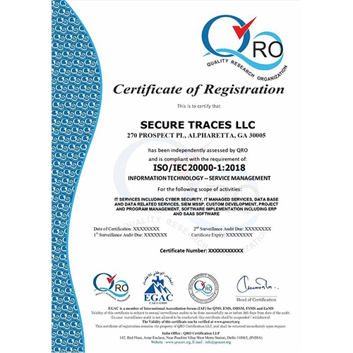 ISO/IEC 20000-1:2018 certification held by Secure Traces